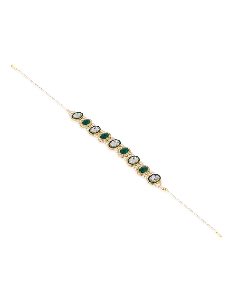 HAIR DRAMA CO. Hair Drama Co. Women Gold-Plated Green Crystals & Pearls Embellished Mathapatti
